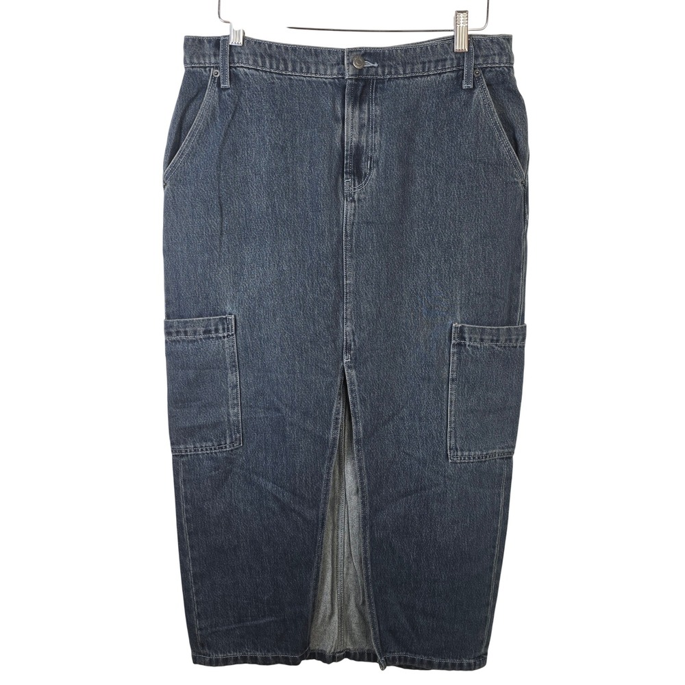 Old Navy Drapey Denim Maxi Skirt Dark Wash Cargo Pocket Front Slit Size 10 Mid